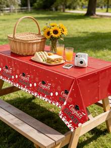 3pcs 137x274CM (53.94x107.87IN) Graduation Theme Tablecloth - Light Blue/Red/Purple/Green Base, Waterproof & Stain-Resistant, "Congrats GRAD" Text + Graduation Cap Print, Plastic Material, Suitable For Graduation Party, Promotion Ceremony, Campus Celebration Events And Daily Use - Red - View 3