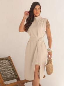 Elegant Midi Dress With Belt - Sensational Summer 2025 Look, Sophisticated And Fresh - khỏa thân - Xem 2