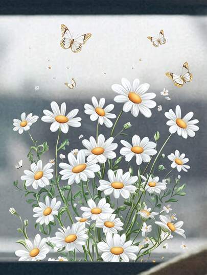 1片春日雏菊窗贴，逼真花朵蝴蝶窗贴，花卉主题窗贴，波西米亚风花卉玻璃贴纸，PVC自粘可移除防水材质，适用于客厅、卧室、浴室、窗户、墙面装饰，情人节适用。