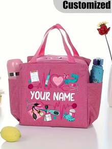1pc Customized Name Nurse Tote Bag, Personalized Nurse Theme Lunch Bag, Custom Name, Heartbeat & Stethoscope Print Design - Multicolor - View 9