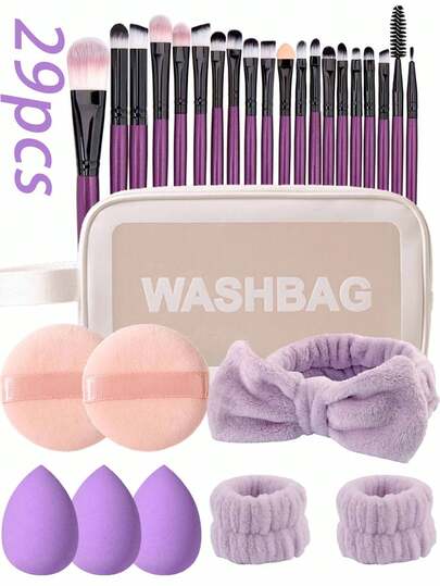 29/8/1pc Makeup Sponge Set, Makeup Brush Set Includes 20 Makeup Brushes (Powder Brush, Blush Brush, Highlighter Brush, Eyeshadow Brush, Mascara Brush, Eyeliner Brush, Contour Brush), 3 Triangle Makeup Sponges For Loose Powder & Setting, Soft Triangle Puff For Body Powder, Makeup Blending Sponges, Makeup Tools + 3 Makeup Blenders, 1 Waterproof Cosmetic Bag For Storage, 2 Large Round Powder Puffs