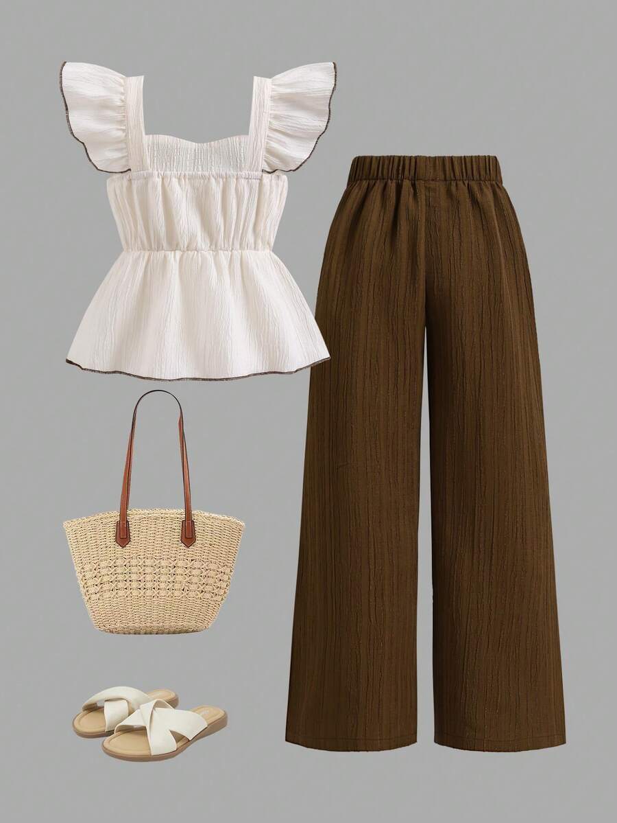 女童夏季荷叶边吊带上衣+阔腿裤套装（2件套），荷叶边袖背心，直筒纹理雪纺休闲日常装 - 卡其色 - 查看 1