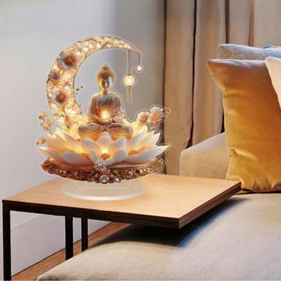 2D Elegant Gold Buddha Statue, Lotus Acrylic Decor - Desktop Sculpture With Lighting Design, Suitable For Home And Garden, Great For Winter And Holiday Celebrations