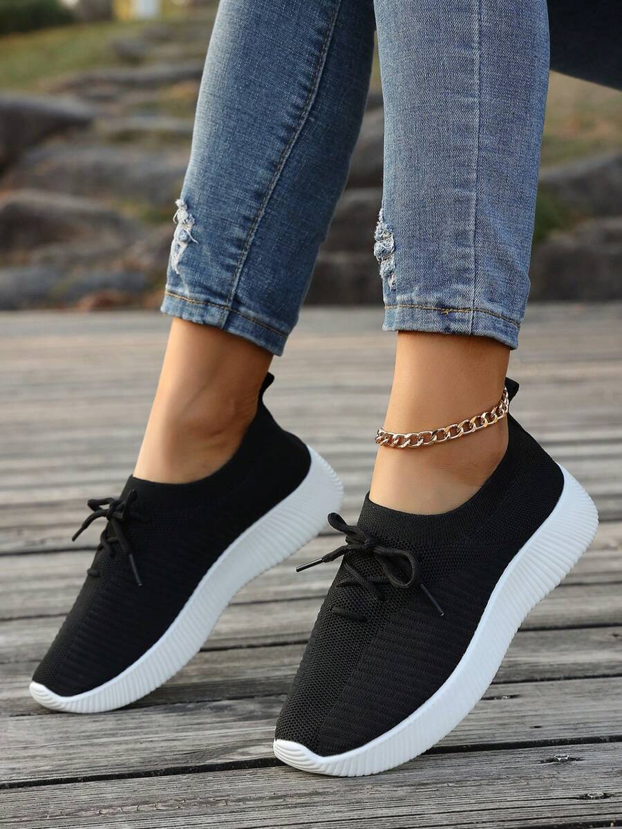 Women's Lace-Up Mesh Breathable Athletic Sneakers, Knit Upper, Casual Commuting Outdoor Walking Shoes, Soft Sole Non-Slip Lightweight Running Shoes, Spring/Autumn - Black - View 1