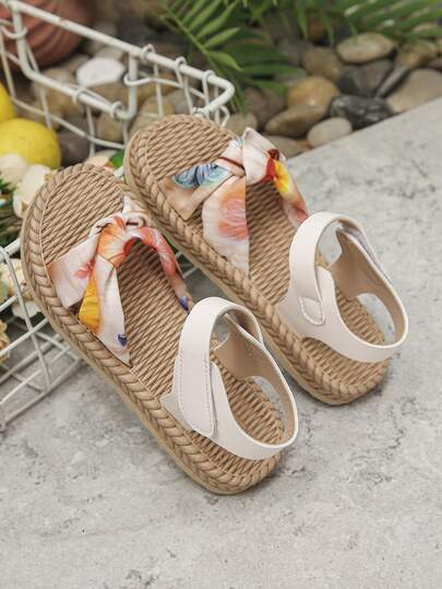 1 par flickors sommarsandaler, bohemisk stil, moderigtig rosett, kardborreband, bekväma mjuka sular, halkfria strandskor för utomhusbruk