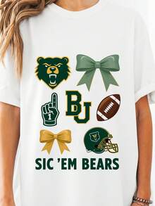 Baylor Bears T-Shirt College Football Shirt Womens Football Bow Tee Sic Em Bears 100% Cotton Crew Neck Short Sleeve Coquette Aesthetic Game Day Graphic BU Logo Ribbon Helmet Gift-2 - Trắng 1 - Xem 3
