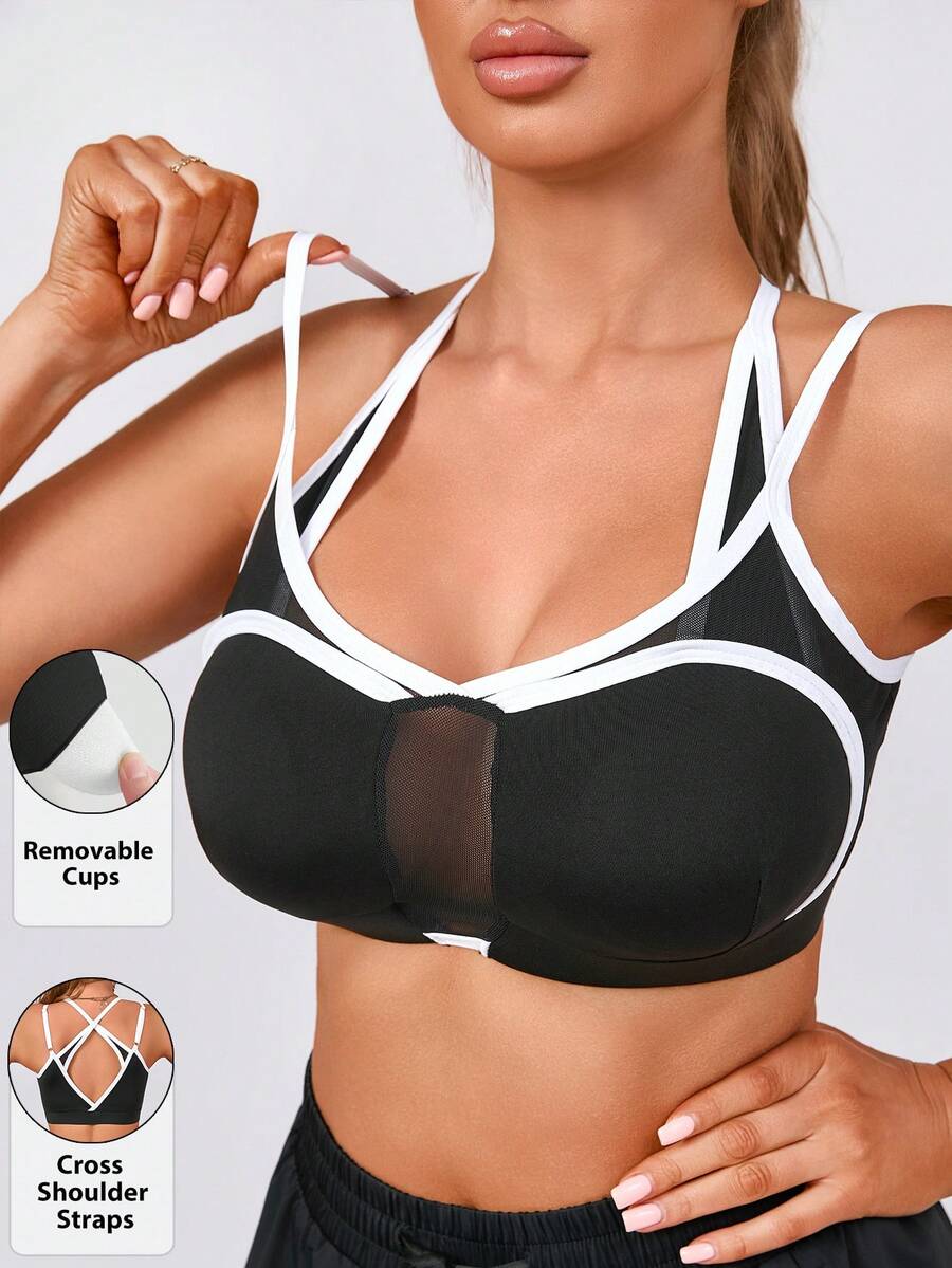 حمالة صدر رياضية نسائية من الشبك والقطن قابلة للإزالة والتعديل، بتصميم قطعتين متداخلتين باللون الأسود - الأسود - مشاهدة 1