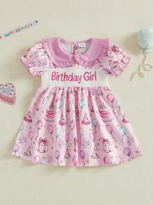 Little Girls Birthday Day Dress Summer Short Sleeve Doll Collar Letter Cake Balloons Print Dress - 粉色 - 查看 3