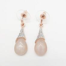 Conjunto de collar y aretes de ojo de gato para mujeres, cristal turquesa a cuadros, cadena O de oro, joyería única de piedra preciosa, gota de agua - Pendientes de oro rosa - Ver 13