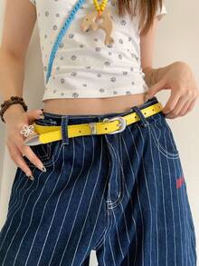1pc Women's Simple & Elegant Yellow PU Leather Belt, Versatile - Yellow - View 1