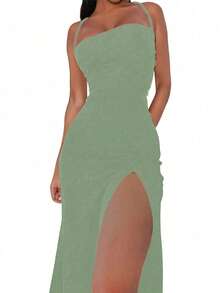 Women's Solid Color Backless Tie Strap High Slit Sexy Bodycon Slip Dress, Suitable For Valentine's Day Party - Pastel Green - View 3