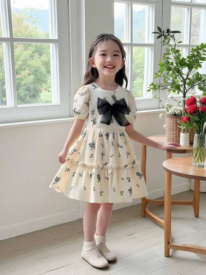 Young Girls' Elegant Fashion Round Neck Puff Sleeve High Waist Textured Floral Bow Design Short Dress
