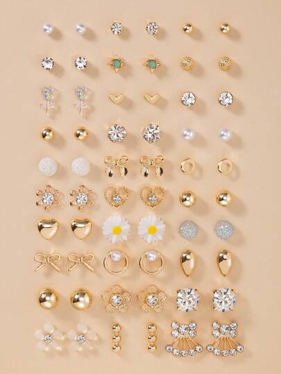 30 Pairs Cute Daisy, Bow, Heart Shaped Stud Earrings For Women, Suitable For Daily Casual, Date, Holiday Gift, Earring Set