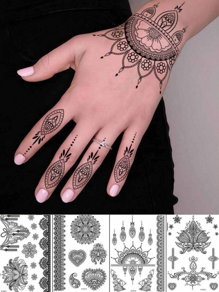 4 Sheets Black Henna Tattoo For Hand Waterproof Lace Flower Henna Temporary Tattoos For Women Wedding Body Art Stickers Travel Festival Party Makeup Decoration - Black - View 1