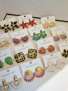 New Geometric Fashionable Metal Earrings, Exaggerated And Personalized Oil-Dropping Stud Earrings, Stainless Steel Metal Earrings, Exquisite And High-End Non-Fading Earrings. Perfect Gifts For Female Friends. Valentine's Day Holiday Party Wear 3/6/12 Pairs Random Set - Multicolor - View 14