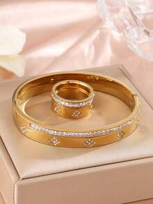 4 件不锈钢四叶草水钻手链和戒指套装，防水防褪色，适合女性日常佩戴，节日礼物 - 金色四葉草款 - 查看 5