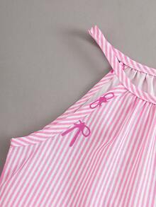 Girls' Summer Halter Ruffle Top And Wide Leg Pants 2-Piece Set, Sleeveless Vest And Straight Leg Pants, Striped Bow Print Casual Fashion Outfit - Pink - View 4