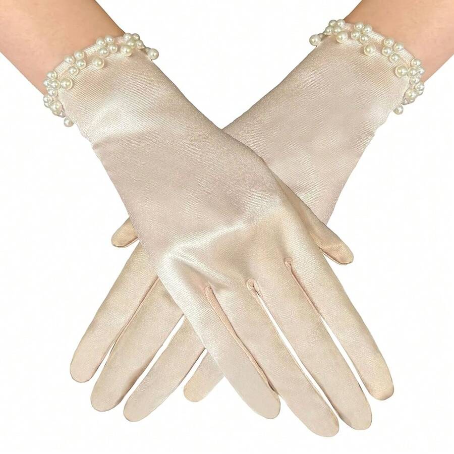 Gionforsy Floral Lace Gloves For Bridal Elegant Short Wrist Gloves For Wedding Opera Dinner Party,Champagne - Rượu sâm banh - Xem 1