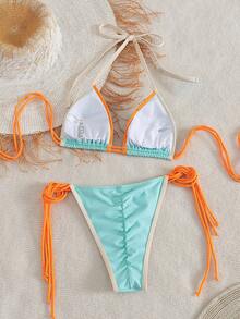 PEPPERMOLLY New Solid Color Soft Gathered Adjustable Strap Fresh Bikini Two-Piece Swimwear, Summer Beach Fashion For Women - Baby Blue - View 3