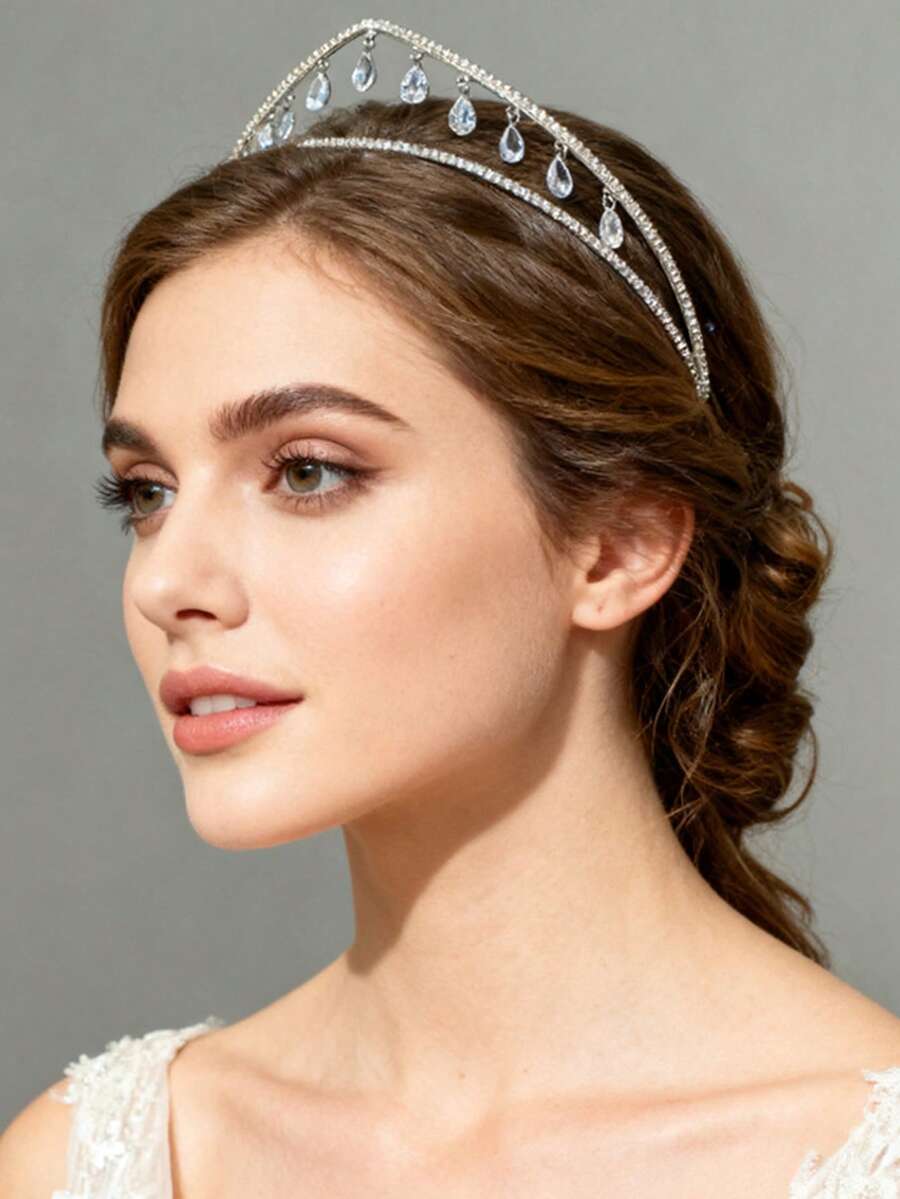 1pc Elegant Ethereal Teardrop Pendant Crown Headband, Women's High-End Elegant Princess Style Crystal Hair Accessory For Formal Events, Weddings, Eid - Multicolor - View 1