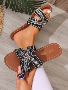 女士平底凉鞋，度假风黑色仿珍珠时尚金属扣水钻沙滩拖鞋，2026春夏款 - 黑色 - 查看 2