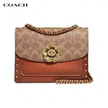 Coach 经典百搭复古山茶花链条翻盖单肩包，涂层帆布和皮革材质，卡其色和棕色 Monogram 图案，货号 30592、29416 蛇纹、30585 棕色、34256 山茶花白、30585 白色 - 卡其拼棕色老花30592 - 查看 7