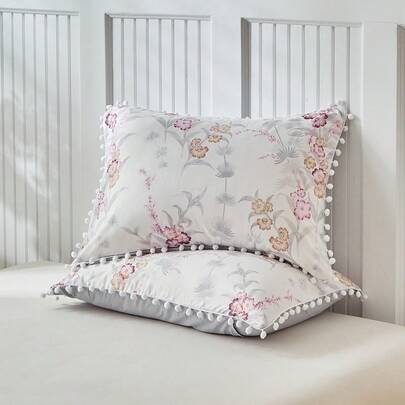 2件套植物花卉图案印花涤纶枕套，带绒球流苏，现代田园风枕套，四季皆宜，柔软透气，可机洗（不含枕芯）