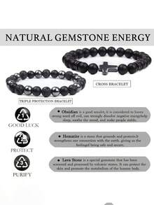 2pcs Men Protection Bracelet Sets- Black Obsidian With Cross Bracelet Confidence, Grounding, Harmony, Healing Yoga Meditation Jewelry Gifts - Black - View 2