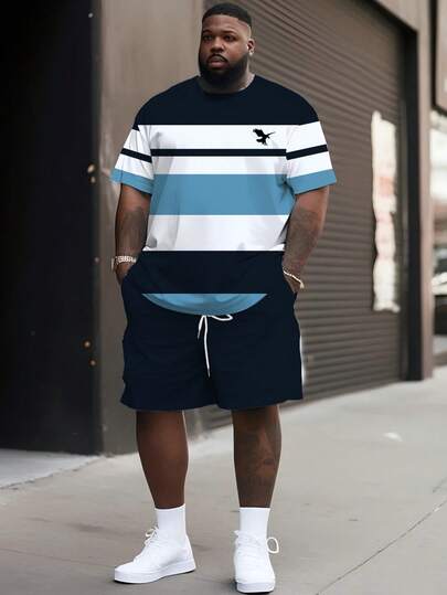 Men's Casual Street Style Minimalist Striped Series "Sky Blue & Eagle" Pattern Sportswear Set - Made Of Polyester Knit Fabric, Round Neck Design, Drawstring Shorts, Pocket Details, Regular Fit, Suitable For Plus Size