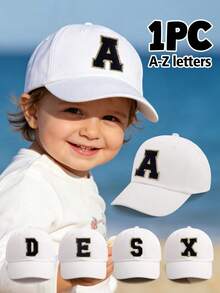1PC Personalized Initial Letter Baby Baseball Cap (A-Z Options) - White Adjustable Daily Sun Hat For 3 Months To 2 Years, Toddler Cap With Brim - White - View 1