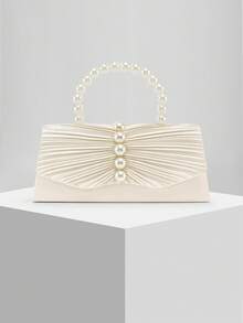 Neue plissierte Satin Perlen Dekor Abendtasche, Clutch mit Kettengurt, geeignet für Hochzeiten, Galas, Partys, Bankette. Perfektes Geschenk für Frauen - Aprikosenfarben - Übersicht 1