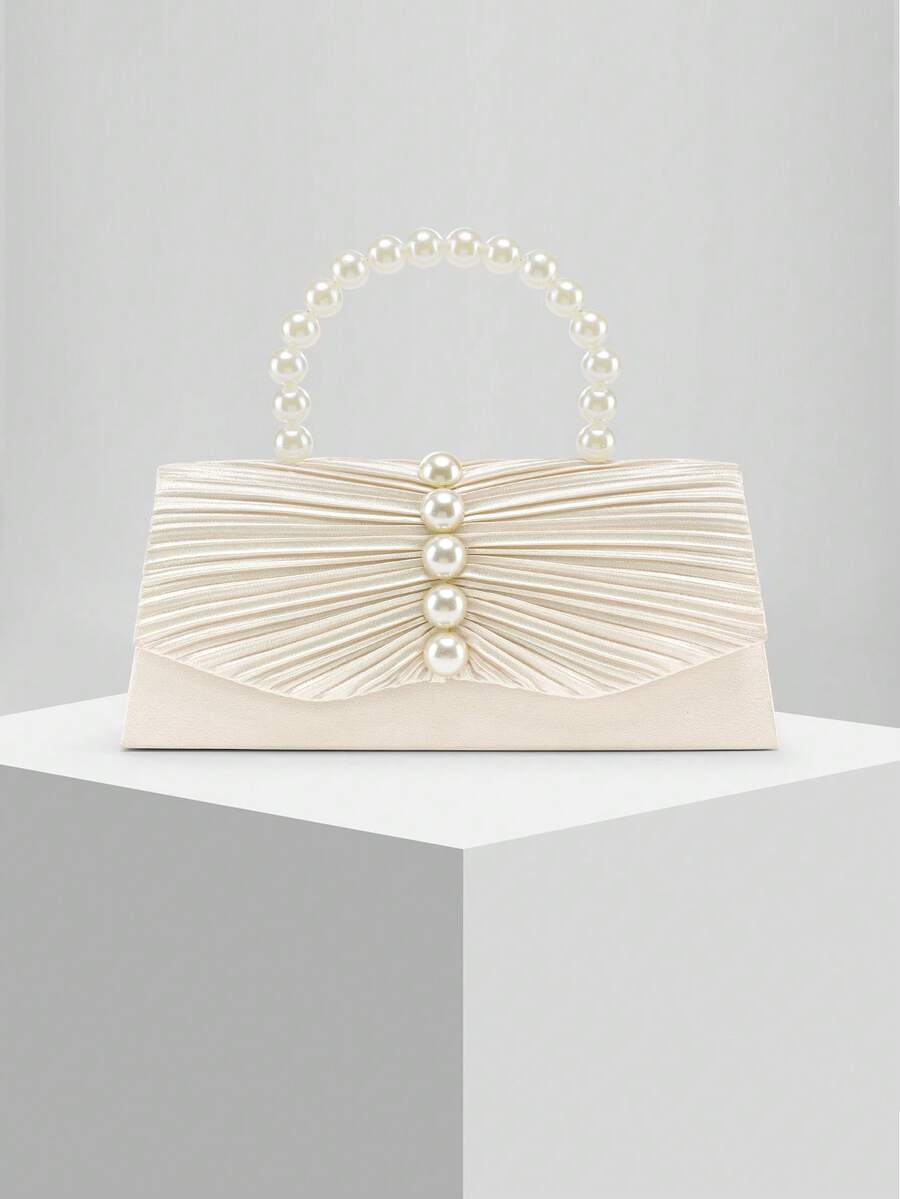Neue plissierte Satin Perlen Dekor Abendtasche, Clutch mit Kettengurt, geeignet für Hochzeiten, Galas, Partys, Bankette. Perfektes Geschenk für Frauen - Aprikosenfarben - Übersicht 1