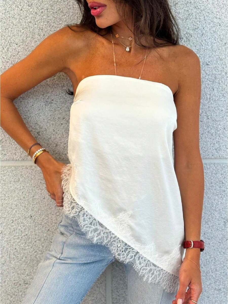 Women Satin Lace Tube Top Silk Strapless Backless Asymmetrical Bandeau Tops Y2k Going Out Streetwear - trắng - Xem 1
