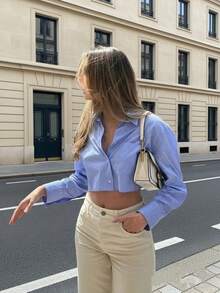 Áo croptop kẻ sọc thanh lịch dành cho nữ, tay dài, thiết kế chéo lưng, phù hợp cho công sở, kinh doanh, thường ngày, mọi mùa, có thể giặt máy, thích hợp mặc vào mùa xuân. - Màu xanh lam - Xem 7