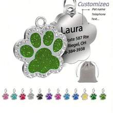 Personalized Engraved Pet Name Tag - High-Quality Glitter Paw Shape Cat Dog Collar ID Tag, Customized Pet ID Tag With Glitter Paw Design