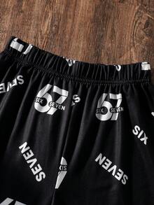 2pcs/Set Cool Boys'' Six Seven T-Shirt Set! Casual Outdoor Sports Outfit For Tween Boys, Featuring Number & Letter Print Round Neck Dropped Shoulder Short Sleeve T-Shirt And Matching Six Seven Shorts, Spring/Summer - Black - View 5