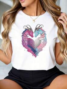 2026 NEW  Dragon Love Heart Design Black T Shirt For Women Fantasy Art Couple Dragons Graphic Tee Fashion Top New Women's Casual T-Shirt - 白色 - 查看 2