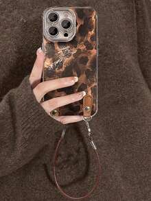 Retro Brown Leopard Print Gradient Glitter Glacial Pattern Phone Case Compatible With IPhone 17 Pro Max 17 Pro 17 Air 16 15 Pro Max 12 14 Pro 16 Plus 13 11 Autumn Anti Drop Camera Protection Cover With Hand Strap Lanyard - Brown - View 6
