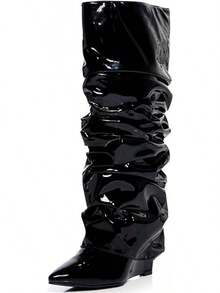 Women's Slouched Ruched Fold Over Boots - Patent Leather Covered Wedge Heel Wide Calf Pointed Toe Knee High Casual Boots - Black Patent Leather - View 3