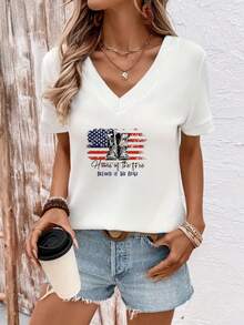 Women's V-Neck T-Shirt With American Flag Print Home Of The Free Because Of The Brave Patriotic Graphic Tee Fclothes Independence Day - 白色 - 查看 2