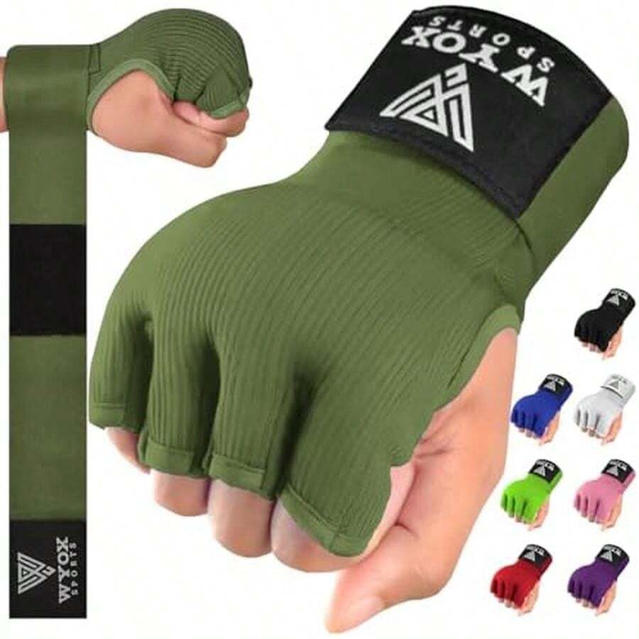 WYOX Vendas de Gel Boxeo, Guantes Interiores para Hombre y Mujer, Correa de muñeca de 80 cm, Soporte Acolchado para Nudillos, Vendas sin Dedos para Entrenamiento de MMA - S/M-Verde militar - Ver 1