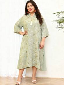 2026 New Style Ramadan Traditional Elegant Floral Embroidered Beaded V-Neck Dress With Tassel Trim For Women - Green - View 7