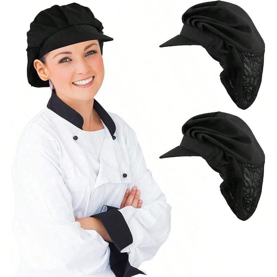 2Pcs Chef Hats-Kitchen Baker Cooking Hair Nets Food Service Hairnets For Women Men With Brim - 如圖 - 查看 1