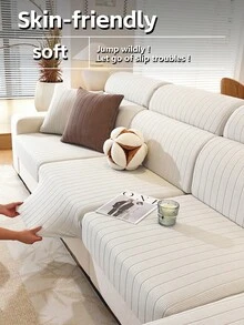 1pc Linear Quilted Sofa Slipcover, Thickened Full Coverage Design, Anti-Slip & Pet-Friendly Easy-Care Cover - Beige - View 8