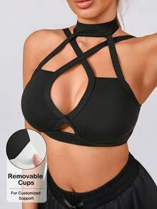 Women's Solid Color Fashion Removable Padded V-Neck Criss-Cross Back Sports Knit Bra - Black - View 1