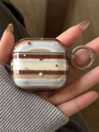 Transparent Blue Brown Striped Star Earphone Case Compatible With AirPods 1 2 3 Pro 2 Pro 3 Earphone Protective Case With Keychain