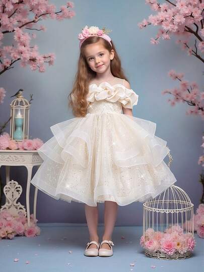 女童圆领亮片褶皱百合花缎面薄纱优雅奢华花童婚礼派对礼服，适合生日、毕业典礼、舞会、重要场合、派对（不含头饰）