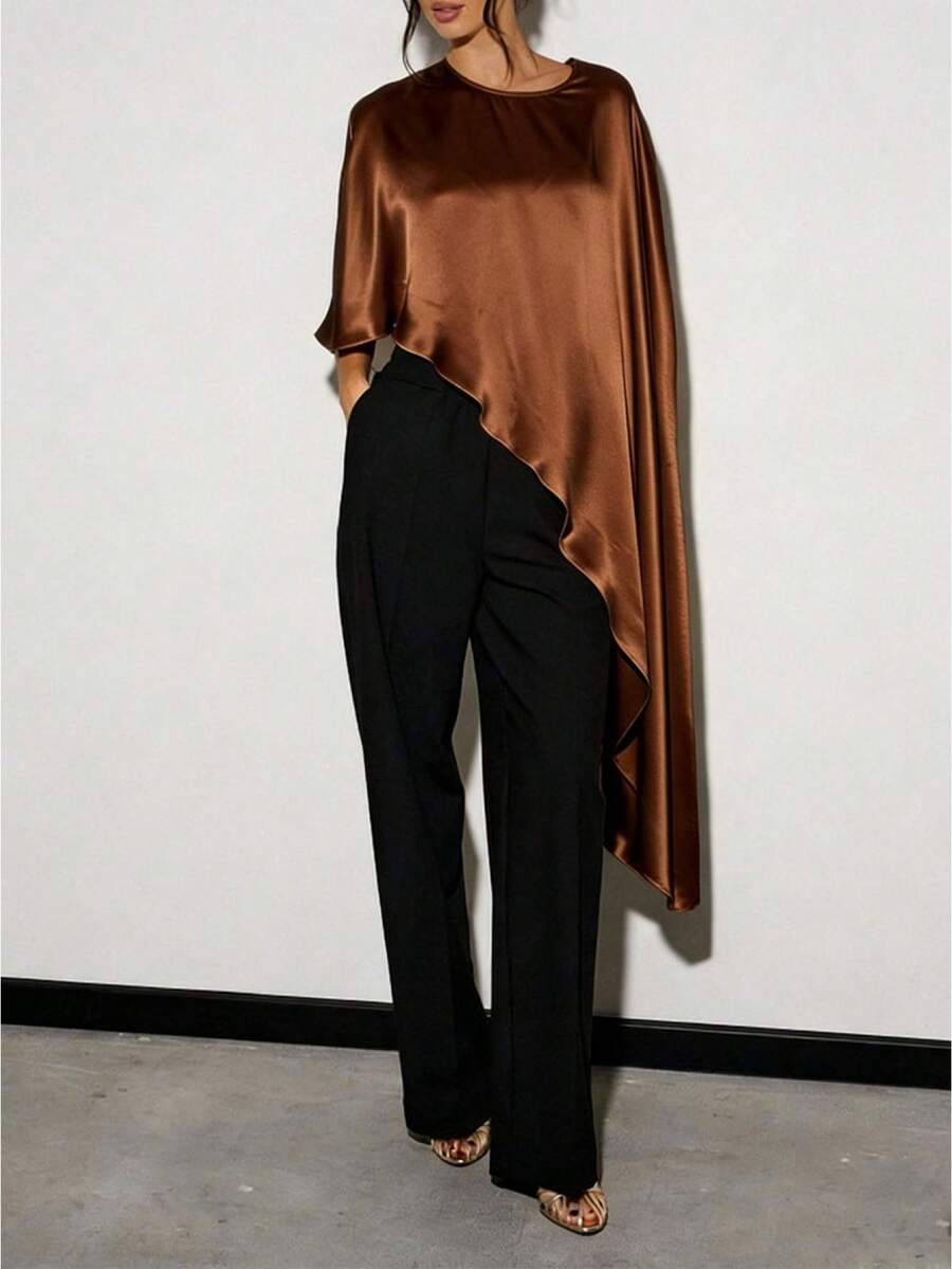 Awevudst Women's Loose Satin Poncho Tunic Tops High Low Silk Shawl Round Neck Ruffle Hem Capes See Through Shrug Bolero Top Cover Up Beachwear - 咖啡色 - 查看 1