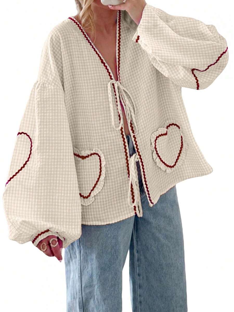 Women Long Sleeve Shirts Heart Embroidery Plaid Front Bowknot Tie-Up Blouses Fashion Spring Summer Casual Tops - Màu Khaki - Xem 1