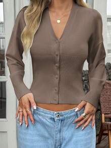 Y2K阳光女孩风格性感纯色纽扣设计长袖V领开衫毛衣，适合春季、情人节、返校季穿着。 - 咖色 - 查看 9